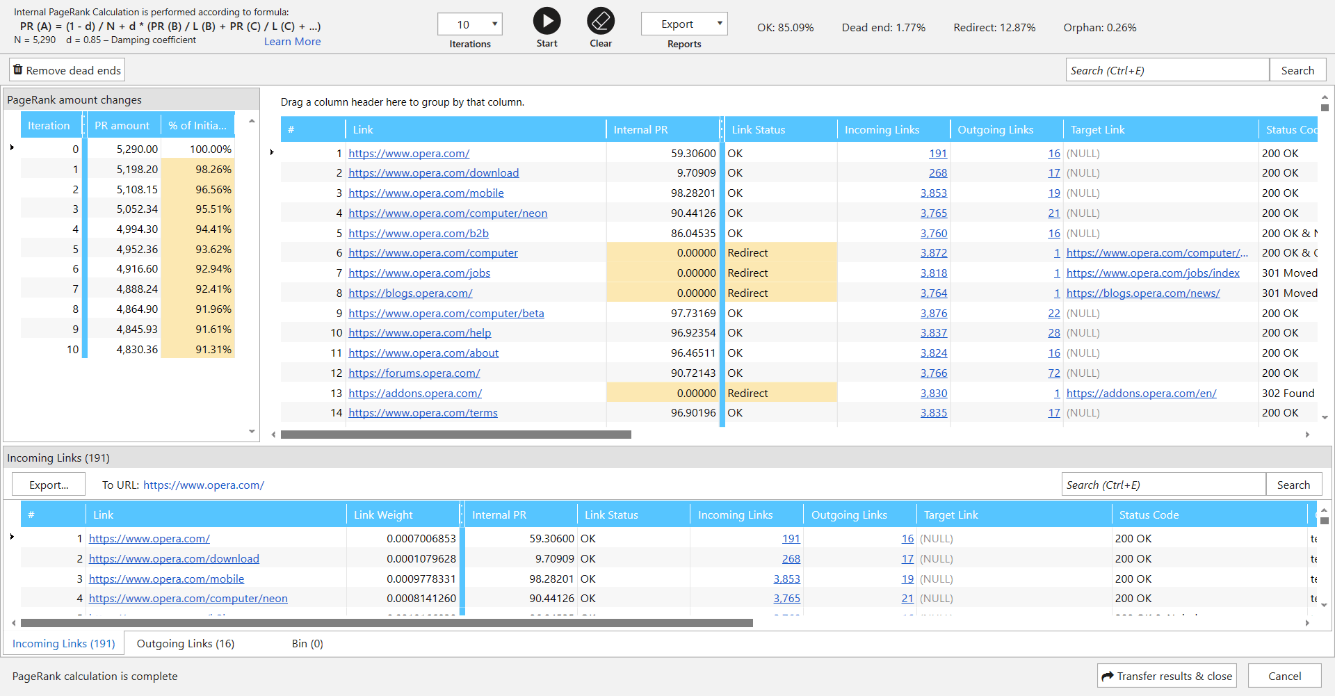Netpeak Spider: Internal PageRank Calculation