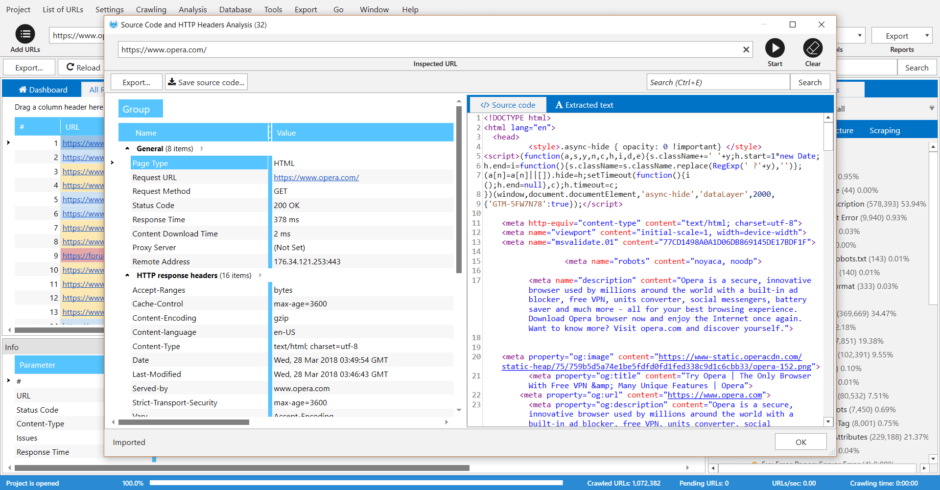 Netpeak Spider: Page Source and HTTP Headers Analysis